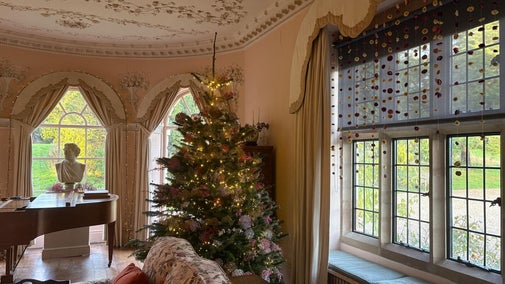 A floral pink drawing room with an elaborate plasterwork ceiling. In the centre is a Christmas tree decorated with coloured dried flowers.